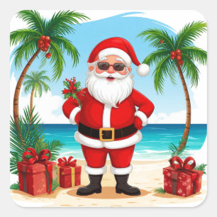 Sticker Carré Père Noël célébrant Noël sur une plage tropicale