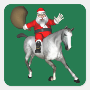 Sticker Carré Père Noël chevauchant un cheval gris