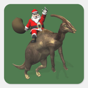 Sticker Carré Père Noël chevauchant un Parasaurolophus