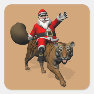 Sticker Carré Père Noël chevauchant un tigre