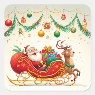 Sticker Carré Père Noël conduisant un traîneau avec un renne