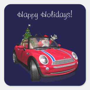 Sticker Carré Père Noël conduisant une Mini