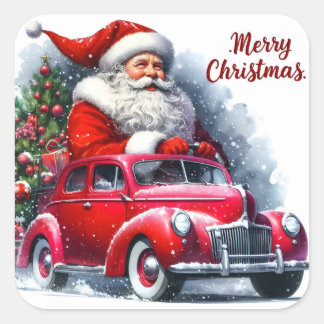 Sticker Carré Père Noël conduisant une voiture rouge à travers u