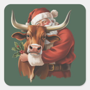 Sticker Carré Père Noël Cowboy Western Roping Noël Vintage 