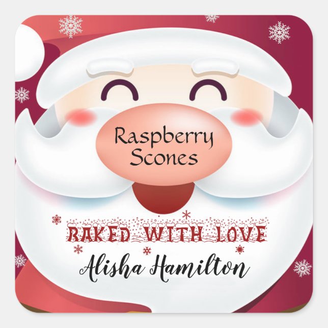 Sticker Carré Père Noël, Cuisiné avec Amour, Flocons de Neige (Devant)