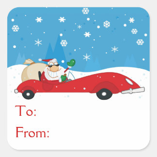 Sticker Carré Père Noël Dans Sa Convertible Rouge