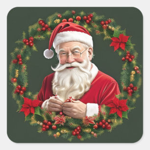 Sticker Carré Père Noël dans une couronne festive