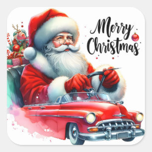 Sticker Carré Père Noël dans une voiture vintage avec cadeaux