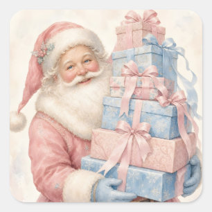 Sticker Carré Père Noël de Noël rose pastel avec des cadeaux