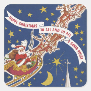 Sticker Carré Père Noël de Noël vintage avec rennes volants