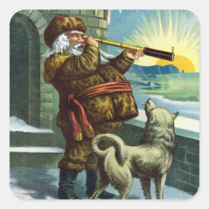 Sticker Carré Père Noël de Noël vintage télescope chien coucher 