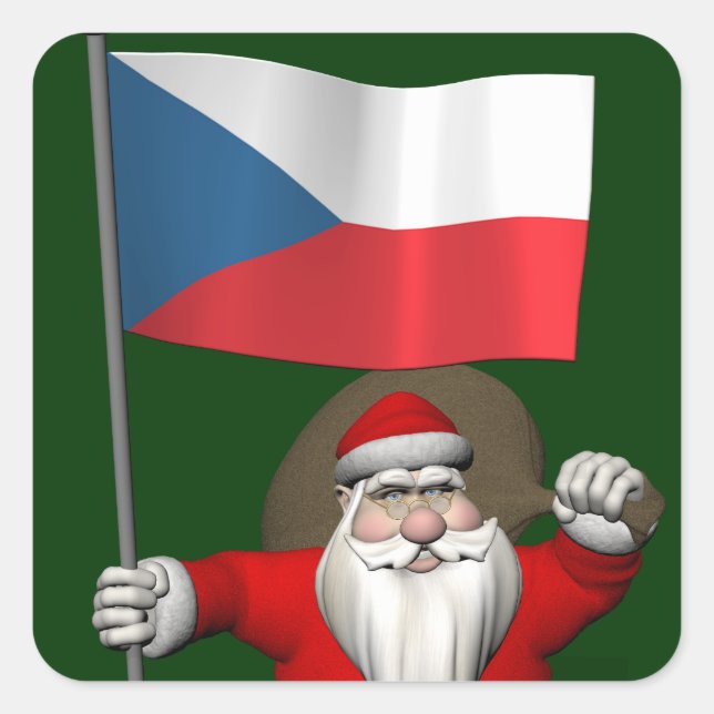 Sticker Carré Père Noël Doux Avec Drapeau De République Tchèque (Devant)