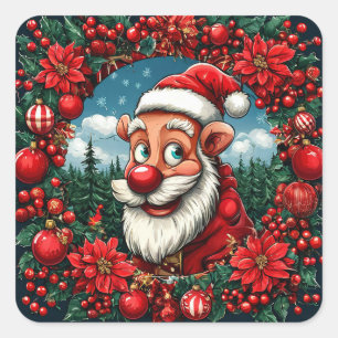 Sticker Carré Père Noël drôle avec couronne et ornements