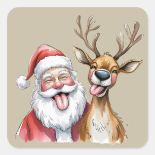 Sticker Carré Père Noël drôle et Noël de rennes d'hiver