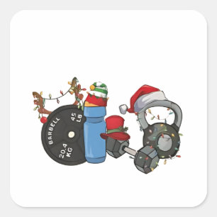 Sticker Carré Père Noël drôle haltères musculation gym Noël