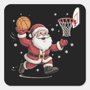 Sticker Carré Père Noël drôle jouant au basket-ball Cadeau de No