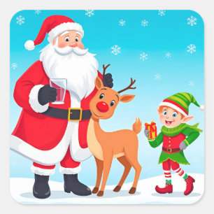 Sticker Carré Père Noël, elfe et renne dans un Noël festif