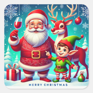 Sticker Carré Père Noël, Elfe et Renne dans un Noël Festif