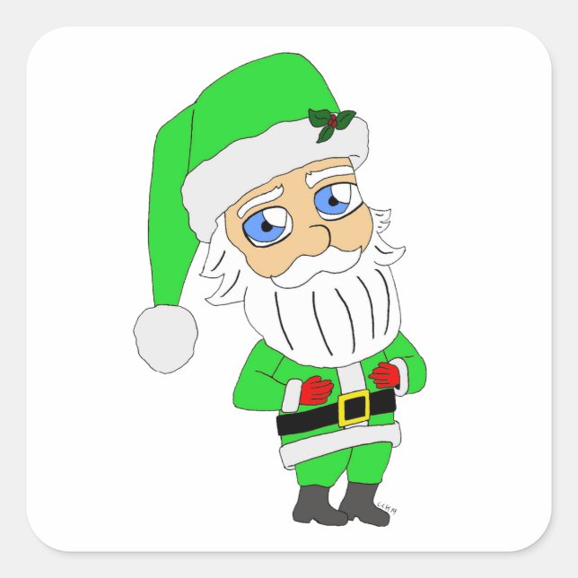 Sticker Carré Père Noël en costume vert chibi (Devant)
