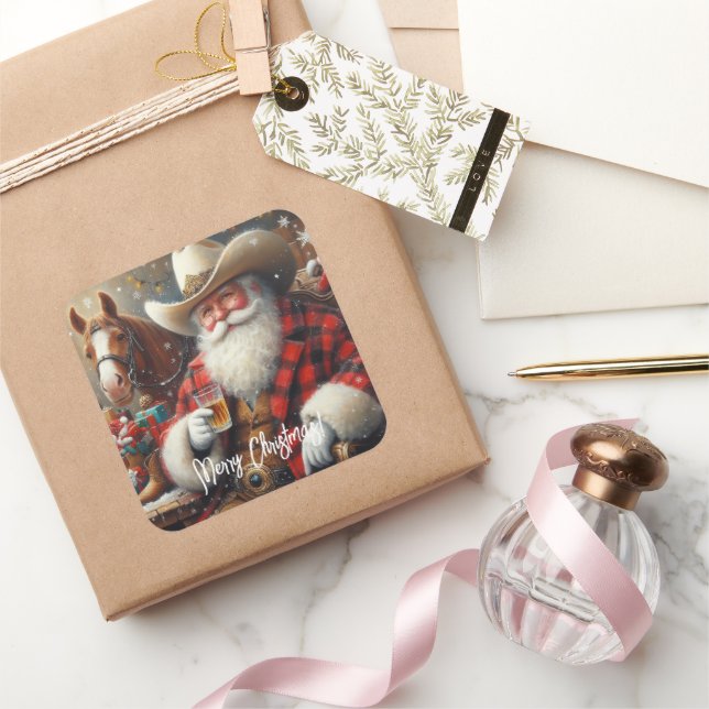 Sticker Carré Père Noël en Cowboy Noël Casquette (Cadeaux)