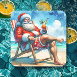 Sticker Carré Père Noël et Bloody Marry Funny Snowbirds Noël<br><div class="desc">Des autocollants de Noël amusants. Une illustration d'aquarelle de Père Noël assis sur la plage buvant un Bloody Mary.</div>