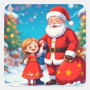 Sticker Carré Père Noël et fille avec un sac de cadeaux