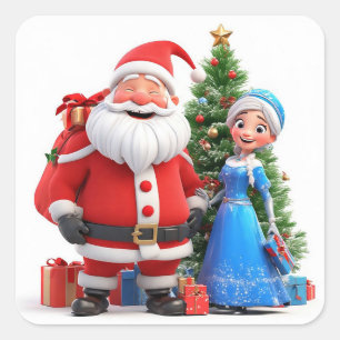Sticker Carré Père Noël et la Fée des Neiges célébrant Noël