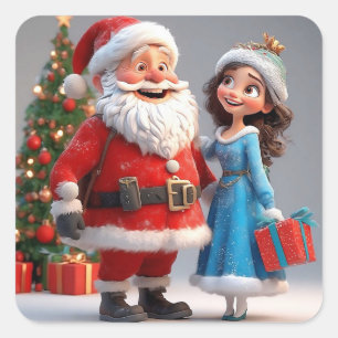 Sticker Carré Père Noël et la Fée des Neiges célébrant Noël