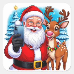 Sticker Carré Père Noël et rennes prenant un selfie de Noël