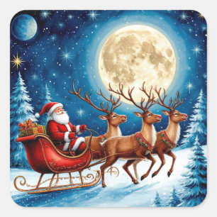 Sticker Carré Père Noël et rennes sous la pleine lune de Noël