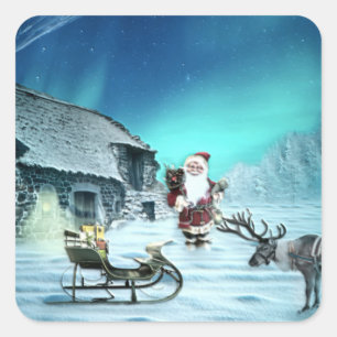 Sticker Carré Père Noël et Rudolph avec traîneau
