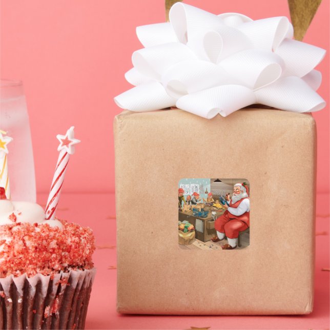 Sticker Carré Père Noël et ses elfes dans l'atelier (Fête)