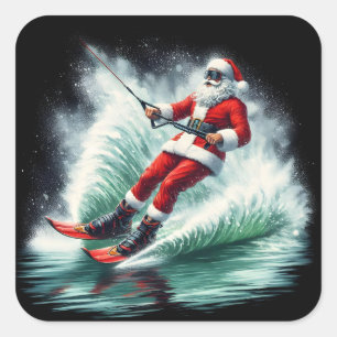 Sticker Carré Père Noël faisant du ski nautique par une journée