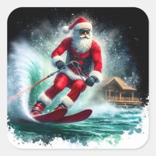 Sticker Carré Père Noël faisant du ski nautique un jour ensoleil