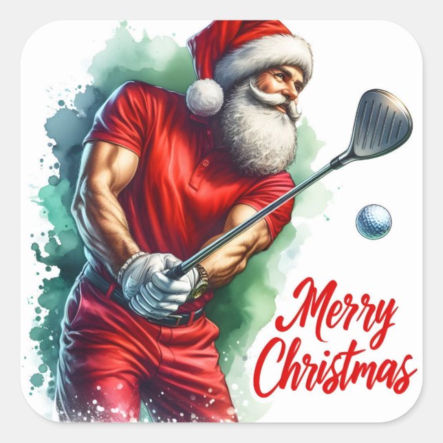 Sticker Carré Père Noël Golfing en tenue festive (Devant)