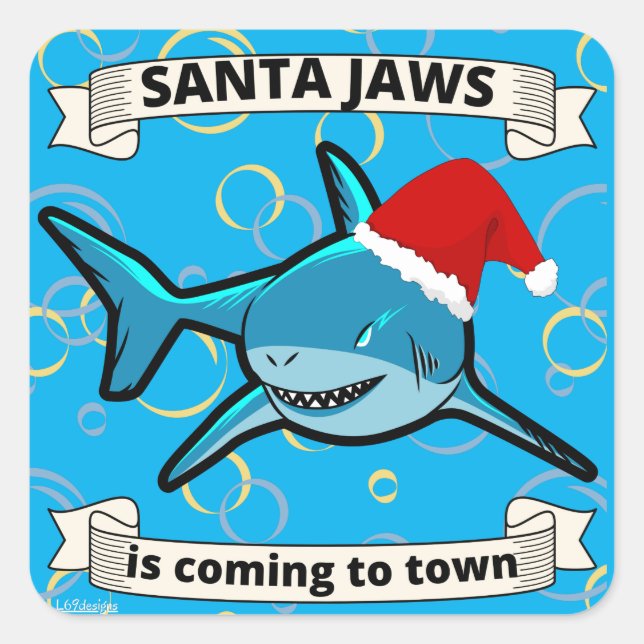 Sticker Carré PÈRE NOËL JAWS VIENT À LA VILLE drôle requin de No (Devant)