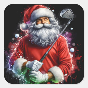 Sticker Carré Père Noël jouant au golf dans une tenue de fête co