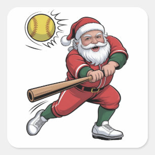 Sticker Carré Père Noël jouant au softball Noël Joueur Sport