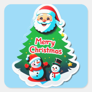 Sticker Carré Père Noël joyeux avec bonhomme de neige