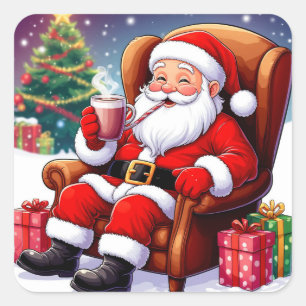Sticker Carré Père Noël joyeux se détendant avec un chocolat cha