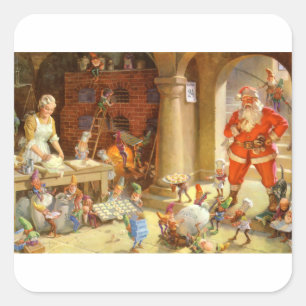 Sticker Carré Père Noël, Mme Claus & Elves font cuire des biscui