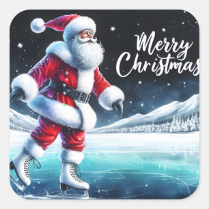 Sticker Carré Père Noël Patinage sur glace à la fête d'hiver