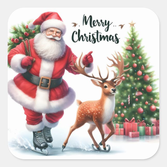 Sticker Carré Père Noël Patins Avec Joyeux Rennes (Devant)