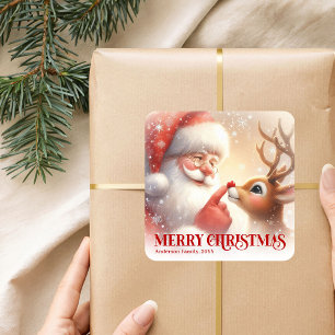 Sticker Carré Père Noël personnalisé et joyeux Noël enfants Rudo