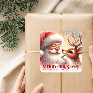 Sticker Carré Père Noël Personnalisé Lumineux Rudolph Cadeau de