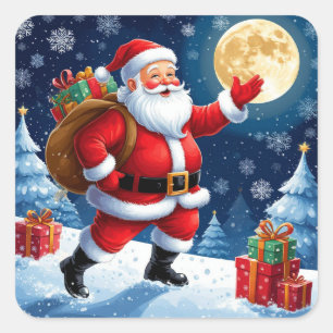 Sticker Carré Père Noël portant des cadeaux de Noël