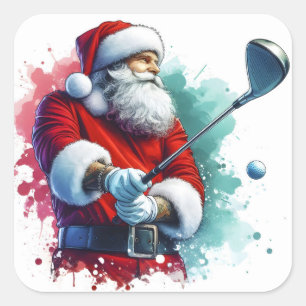 Sticker Carré Père Noël profitant d'une partie de golf hivernal