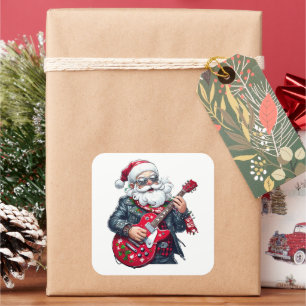 Sticker Carré Père Noël Rocker Cool Jouant de la Guitare Rouge