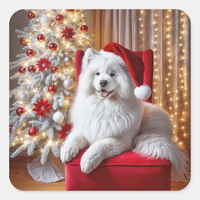 Sticker Carré Père Noël Samoyed Dog sur une chaise rouge (Devant)