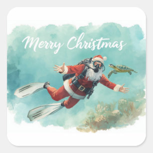 Sticker Carré Père Noël Scaphandrier Joyeux Noël sous l'eau